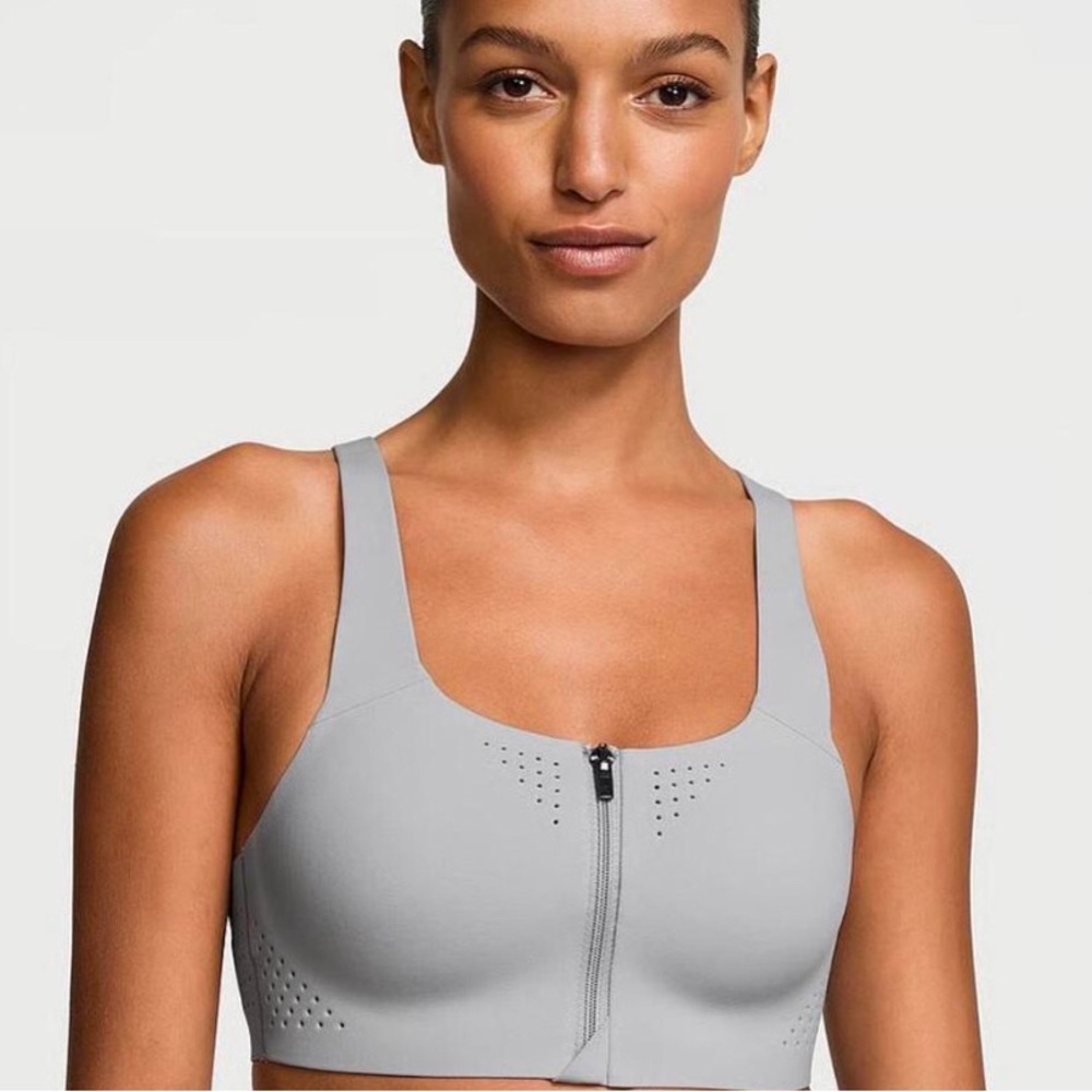 Victoria Secret 34DD Seamless Front-Zip Sports Bra - Light Gray